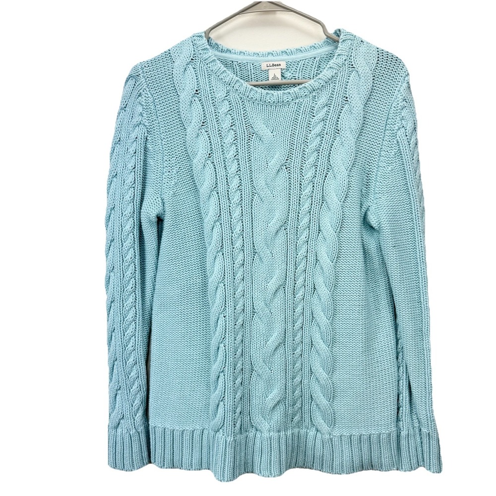 LL Bean Aqua Blue Double L Mixed Cable Crew Neck Pullover Sweater Size LARGE - Picture 2 of 9